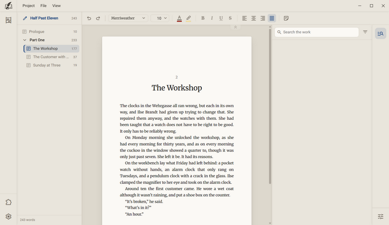 The manuscript with all four bars: at the top the title bar with the menus Project, File and View, on the left the views rail, on the right the side column rail, above the sheet the toolbar