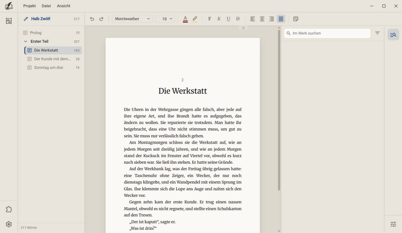 Das Manuskript mit allen vier Leisten: oben die Titelleiste mit den Menüs Projekt, Datei und Ansicht, links die Ansichtenleiste, rechts die Leiste der Nebenspalte, über dem Blatt die Werkzeugleiste