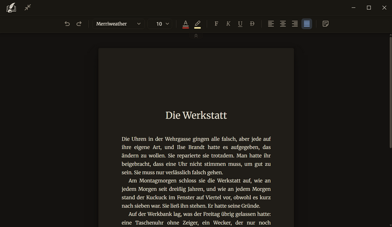 Das Manuskript im Fokusmodus: oben links das Logo und der Knopf Fokusmodus verlassen, in der Mitte die Werkzeugleiste, darunter das Blatt mit dem Kapitel Die Werkstatt, dunkles Farbschema
