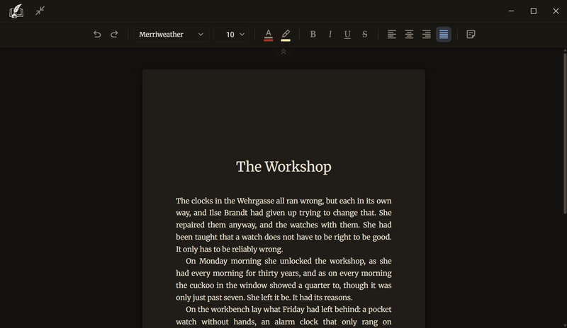 The manuscript in focus mode: at the top left the logo and the Leave focus mode button, in the middle the toolbar, below it the sheet with the chapter The Workshop, dark colour scheme