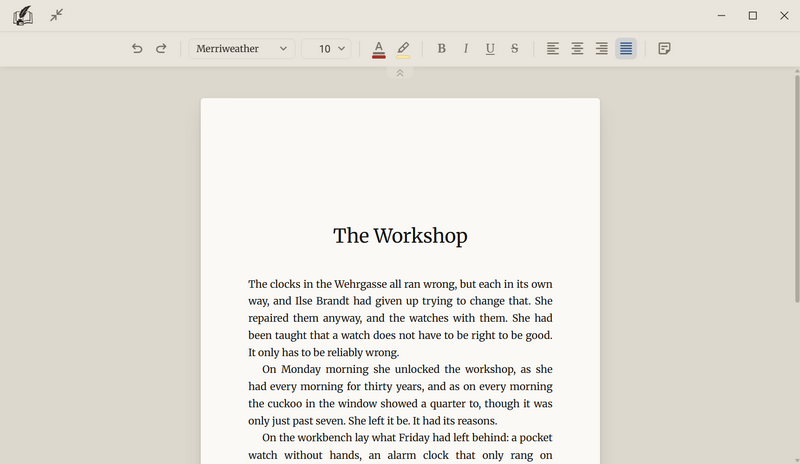 The manuscript in focus mode: at the top left the logo and the Leave focus mode button, in the middle the toolbar, below it the sheet with the chapter The Workshop