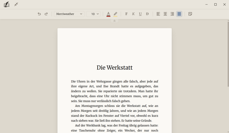 Das Manuskript im Fokusmodus: oben links das Logo und der Knopf Fokusmodus verlassen, in der Mitte die Werkzeugleiste, darunter das Blatt mit dem Kapitel Die Werkstatt