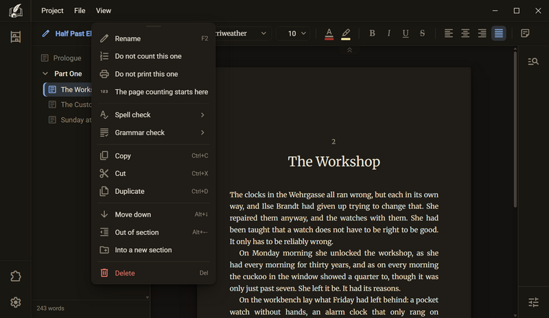 The context menu of a chapter in the chapter tree, a short bar at the top edge of the menu, dark colour scheme