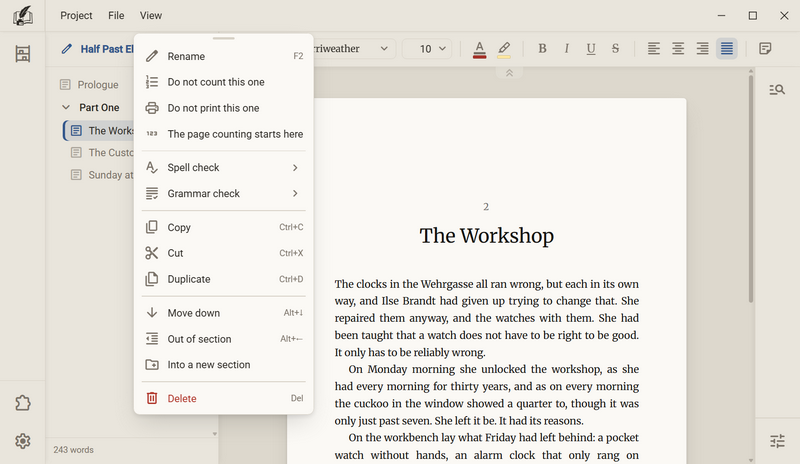 The context menu of a chapter in the chapter tree, a short bar at the top edge of the menu