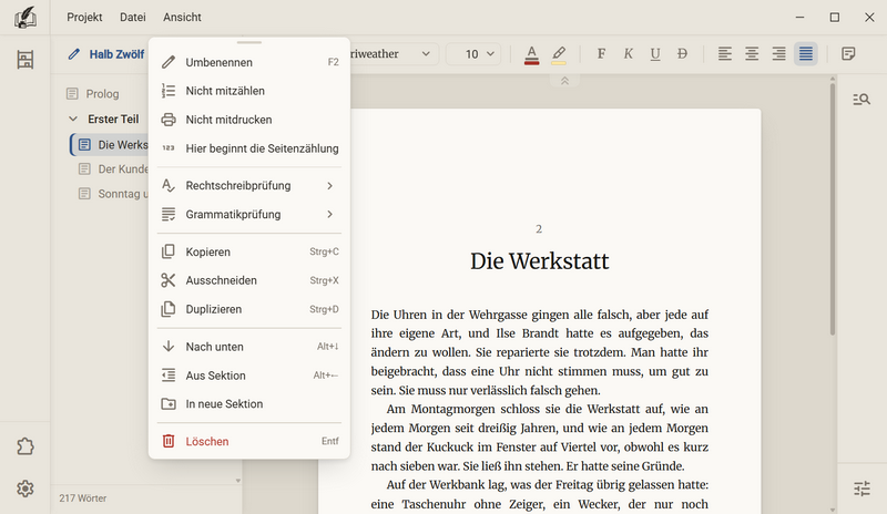 Das Kontextmenü eines Kapitels im Kapitelbaum, am oberen Rand des Menüs ein kurzer Strich