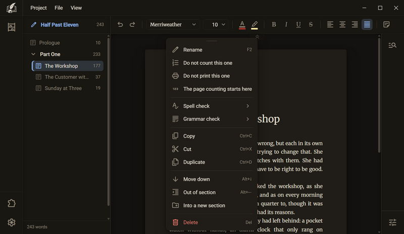 The same menu, dragged onto the sheet by its grip and still open, dark colour scheme