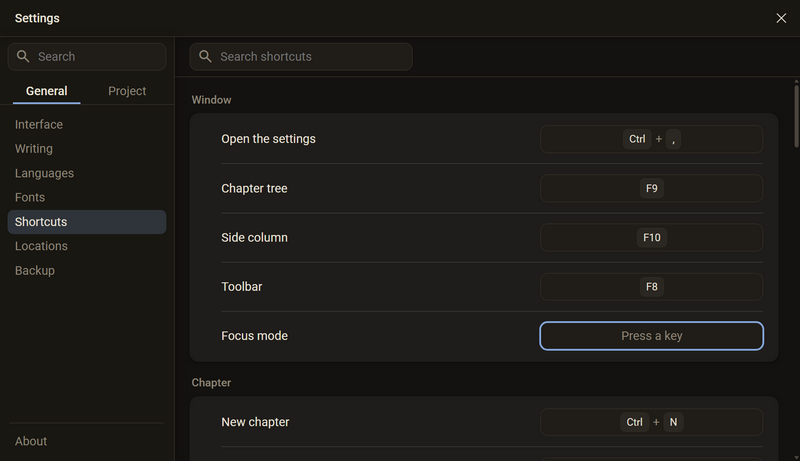 The Focus mode row is waiting for a key, the field shows Press a key, dark colour scheme