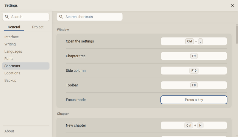 The Focus mode row is waiting for a key, the field shows Press a key