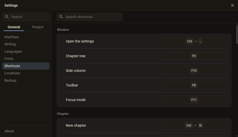 The Shortcuts category with the search field Search shortcuts and the Window group: Open the settings, Chapter tree, Side column, Toolbar and Focus mode with their keys, dark colour scheme