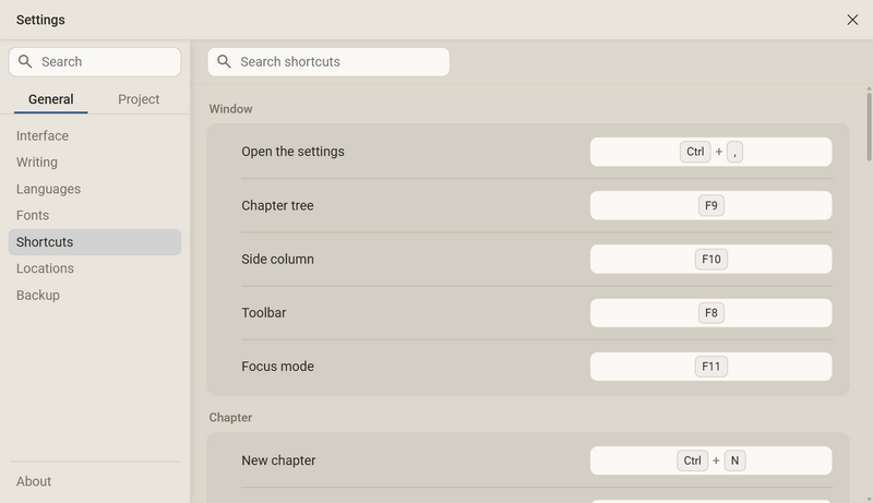 The Shortcuts category with the search field Search shortcuts and the Window group: Open the settings, Chapter tree, Side column, Toolbar and Focus mode with their keys