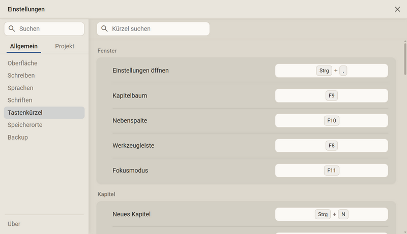 Die Kategorie Tastenkürzel mit dem Suchfeld Kürzel suchen und der Gruppe Fenster: Einstellungen öffnen, Kapitelbaum, Nebenspalte, Werkzeugleiste und Fokusmodus mit ihren Tasten