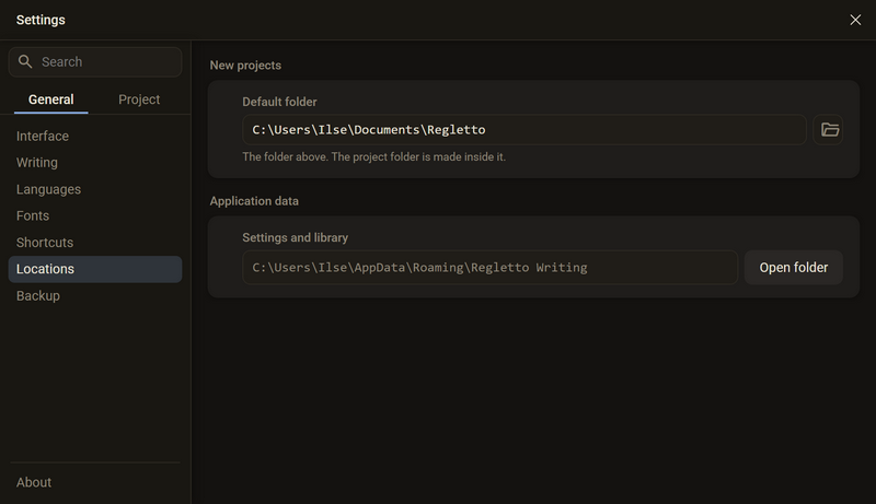 The Locations category with the Default folder field and the folder icon, below it the Settings and library field with the Open folder button, dark colour scheme