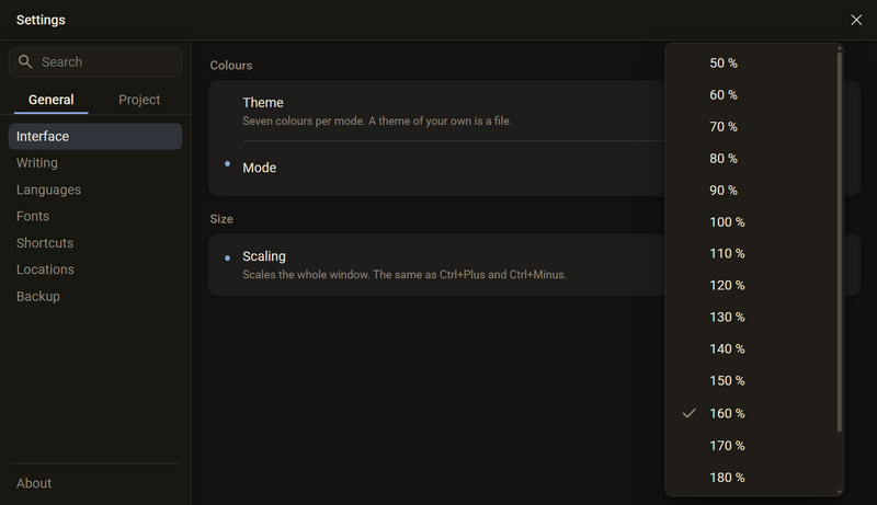 The list of scalings under the Scaling field, 50 % to 180 % visible, with a tick at 160 %, dark colour scheme