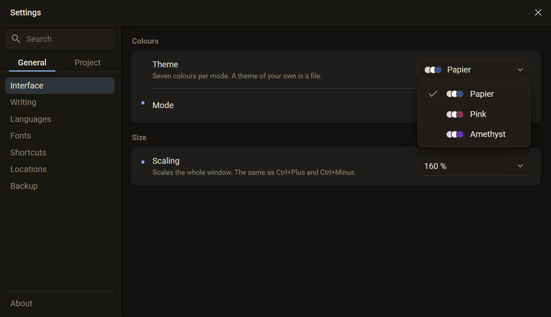 The Interface category with the list of themes open: Papier with a tick, Pink and Amethyst, each with three colour dots, dark colour scheme