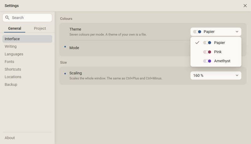The Interface category with the list of themes open: Papier with a tick, Pink and Amethyst, each with three colour dots