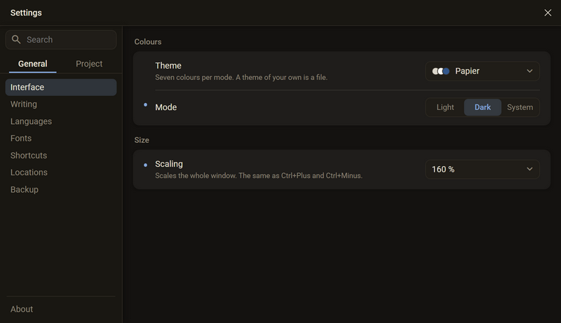The settings in the General section, Interface category: on the left the search field, the General and Project tabs and the categories, on the right Theme, Mode and Scaling, dark colour scheme