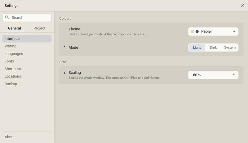 The settings in the General section, Interface category: on the left the search field, the General and Project tabs and the categories, on the right Theme, Mode and Scaling
