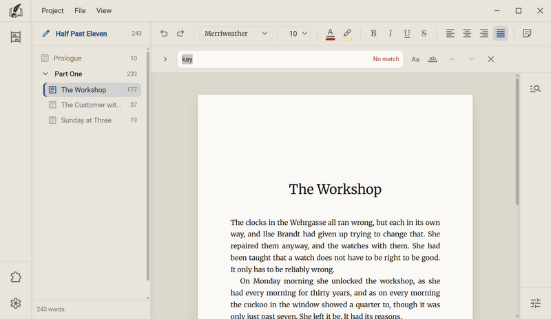 The search bar with the word key in the field and, in red beside it, No match. The two arrows are pale