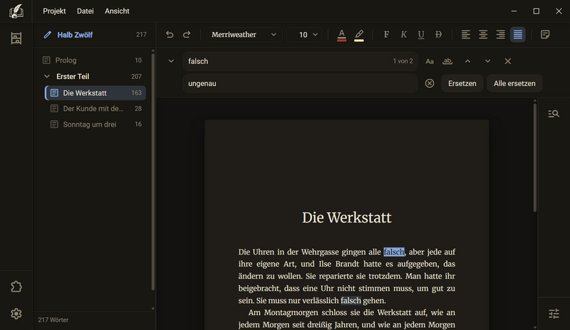 Die Suchleiste mit ausgeklappter zweiter Zeile: Im Suchfeld steht falsch, 1 von 2, im Feld darunter ungenau, daneben der Knopf zum Leeren und die Knöpfe Ersetzen und Alle ersetzen, dunkles Farbschema