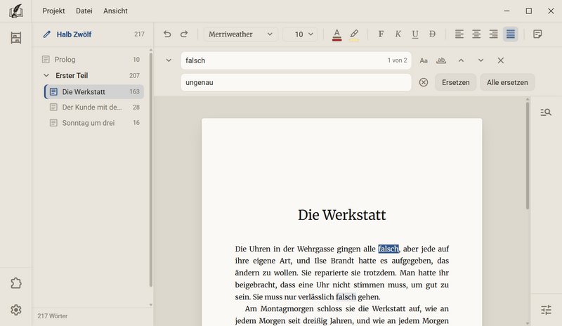 Die Suchleiste mit ausgeklappter zweiter Zeile: Im Suchfeld steht falsch, 1 von 2, im Feld darunter ungenau, daneben der Knopf zum Leeren und die Knöpfe Ersetzen und Alle ersetzen