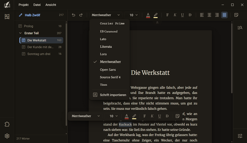 Die Liste der Schriften unter dem Schriftfeld: Courier Prime, EB Garamond, Lato, Literata, Lora, Merriweather mit Haken, Open Sans, Source Serif 4, Tinos und Schrift importieren, dunkles Farbschema