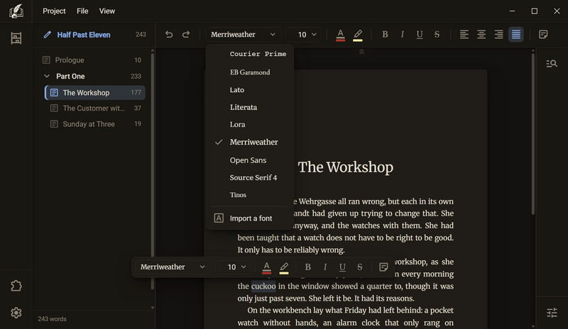 The list of typefaces under the typeface field: Courier Prime, EB Garamond, Lato, Literata, Lora, Merriweather with a check mark, Open Sans, Source Serif 4, Tinos and Import a font, dark colour scheme