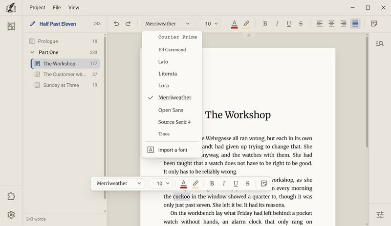 The list of typefaces under the typeface field: Courier Prime, EB Garamond, Lato, Literata, Lora, Merriweather with a check mark, Open Sans, Source Serif 4, Tinos and Import a font