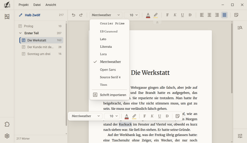 Die Liste der Schriften unter dem Schriftfeld: Courier Prime, EB Garamond, Lato, Literata, Lora, Merriweather mit Haken, Open Sans, Source Serif 4, Tinos und Schrift importieren