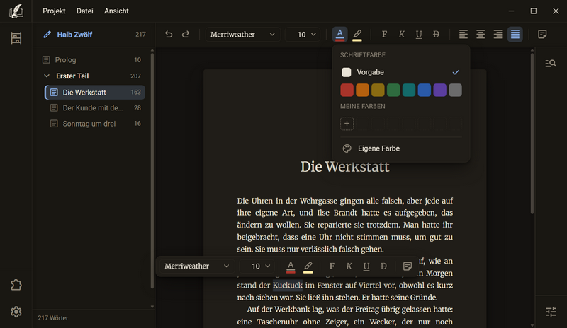 Der Farbwähler der Schriftfarbe mit der Zeile Vorgabe, acht festen Farben, der Reihe Meine Farben und dem Eintrag Eigene Farbe, dunkles Farbschema
