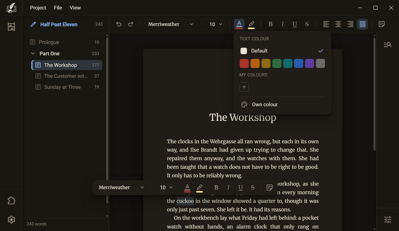 The colour picker of the text colour with the row Default, eight fixed colours, the row My colours and the entry Own colour, dark colour scheme