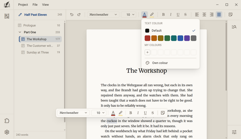 The colour picker of the text colour with the row Default, eight fixed colours, the row My colours and the entry Own colour