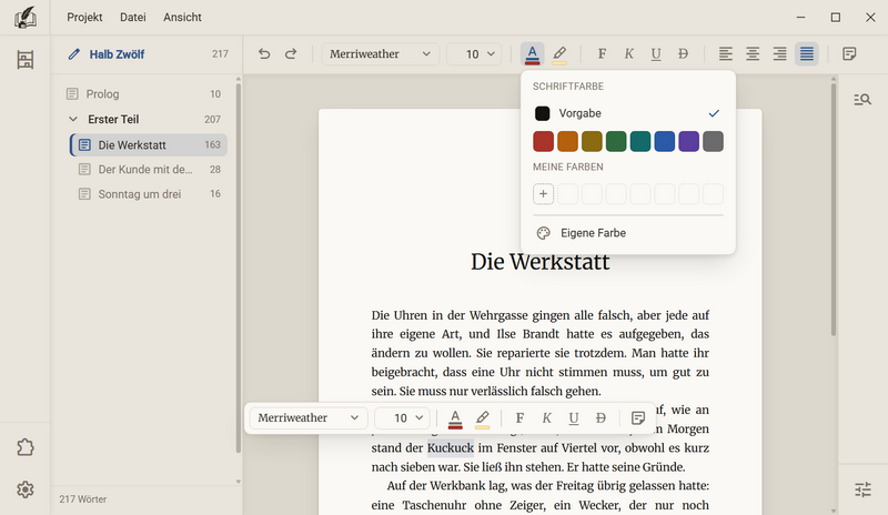 Der Farbwähler der Schriftfarbe mit der Zeile Vorgabe, acht festen Farben, der Reihe Meine Farben und dem Eintrag Eigene Farbe