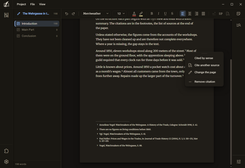 The menu of a number: Cited by sense, Cite another source, Change the page and Remove citation, dark mode