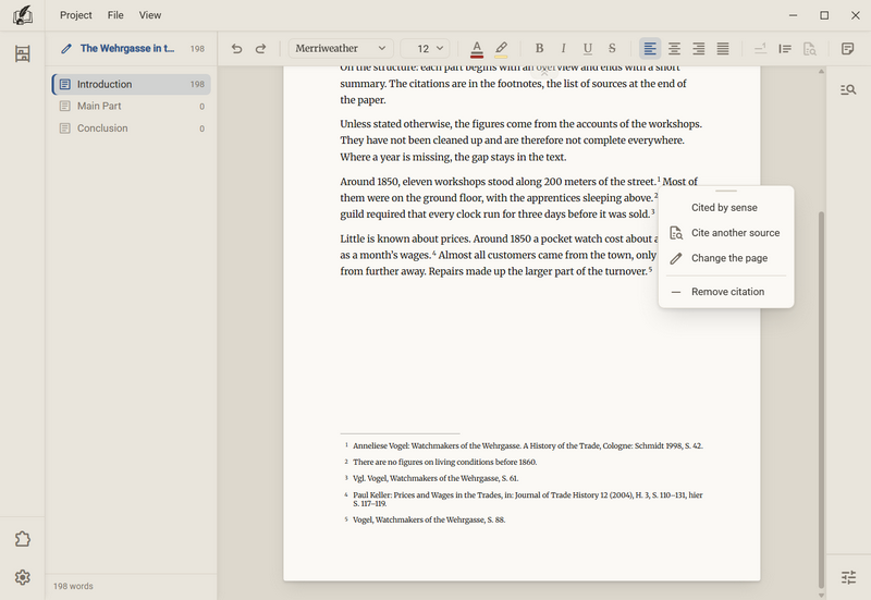 The menu of a number: Cited by sense, Cite another source, Change the page and Remove citation