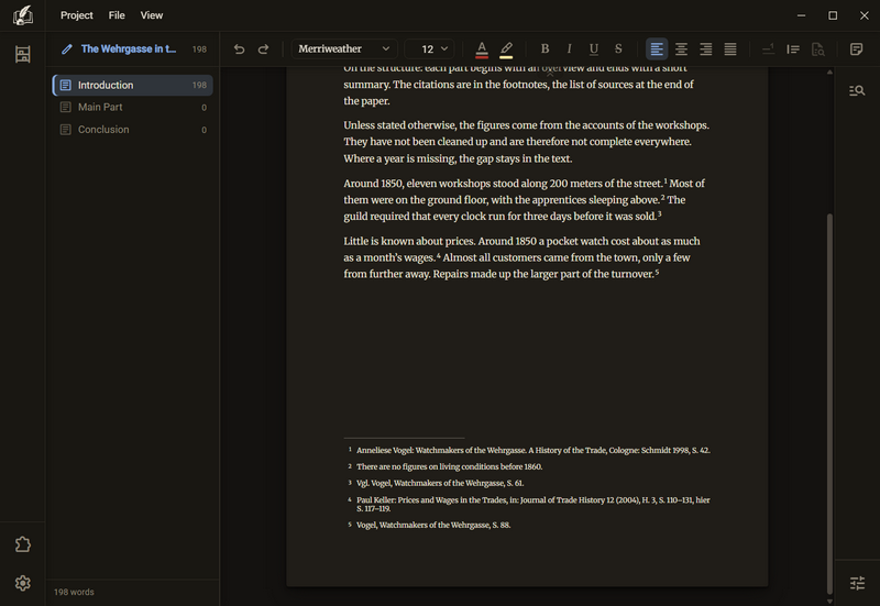 A sheet with five superscript numbers in the text and the five notes in the box at the foot of the page, dark mode