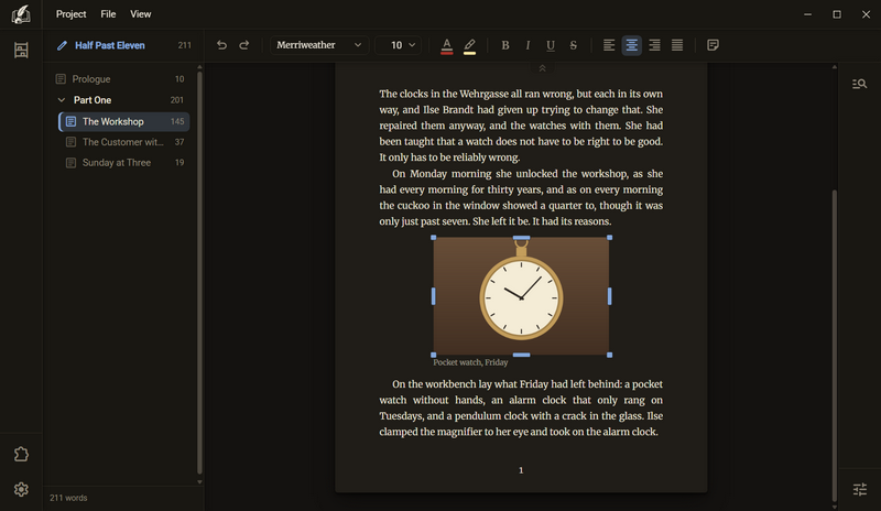 A chapter with the picture of a pocket watch. The picture is selected, eight handles stand at its edge, and below it is the line Pocket watch, Friday, dark mode