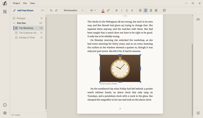 A chapter with the picture of a pocket watch. The picture is selected, eight handles stand at its edge, and below it is the line Pocket watch, Friday