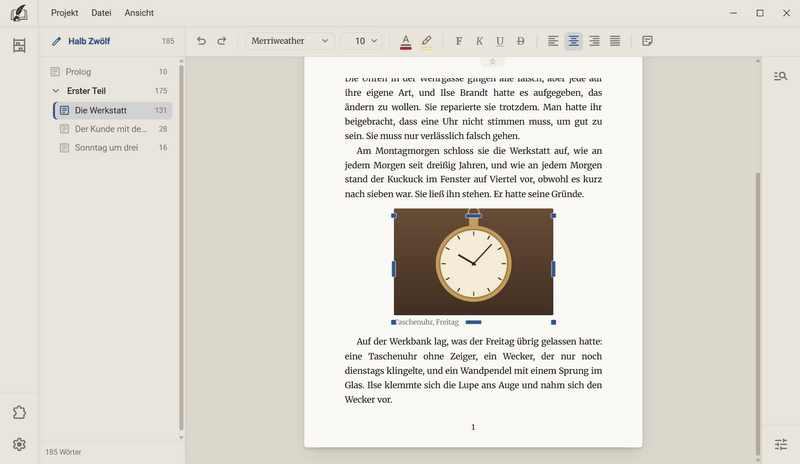 Ein Kapitel mit dem Bild einer Taschenuhr. Das Bild ist ausgewählt, am Rand stehen acht Griffe, darunter steht die Zeile Taschenuhr, Freitag