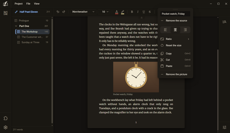 The menu over the picture: field for the source, Remove the source, three alignments, Ratio, Reset the size, Copy, Cut, Paste and Remove the picture, dark mode