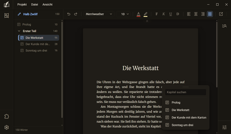 Die Liste zum Verweis mit dem Suchfeld Kapitel suchen und den Kapiteln des Buchs, dunkles Farbschema