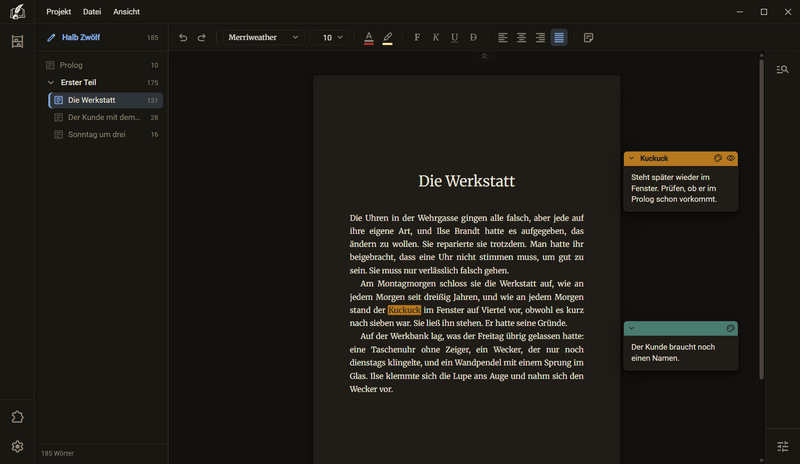 Das Kapitel Die Werkstatt. Das Wort Kuckuck ist farbig hinterlegt, rechts neben dem Blatt liegen zwei Notizen, die erste in derselben Farbe, dunkles Farbschema