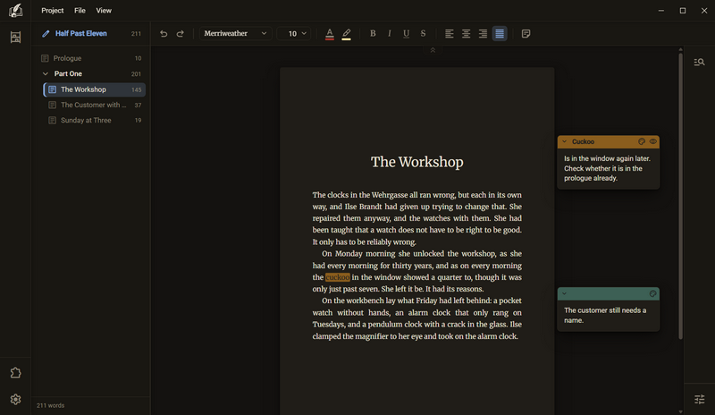 The chapter The Workshop. The word cuckoo is highlighted in colour, and to the right of the sheet lie two notes, the first in the same colour, dark mode