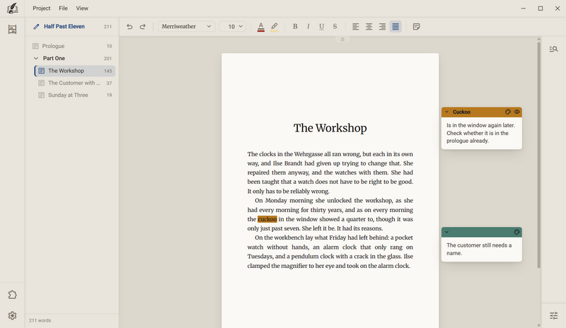 The chapter The Workshop. The word cuckoo is highlighted in colour, and to the right of the sheet lie two notes, the first in the same colour