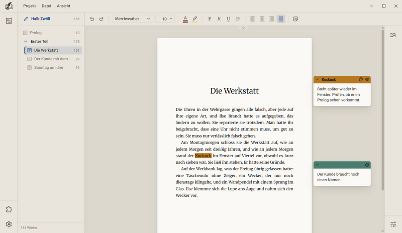 Das Kapitel Die Werkstatt. Das Wort Kuckuck ist farbig hinterlegt, rechts neben dem Blatt liegen zwei Notizen, die erste in derselben Farbe