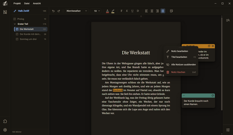 Das Menü einer Notiz mit Notiz bearbeiten, Titel bearbeiten, Alle Notizen ausblenden und Notiz löschen, dunkles Farbschema