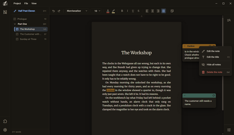 The menu of a note with Edit the note, Edit the title, Hide all notes and Delete the note, dark mode