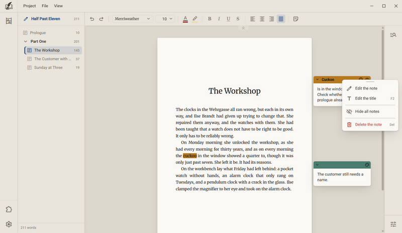 The menu of a note with Edit the note, Edit the title, Hide all notes and Delete the note