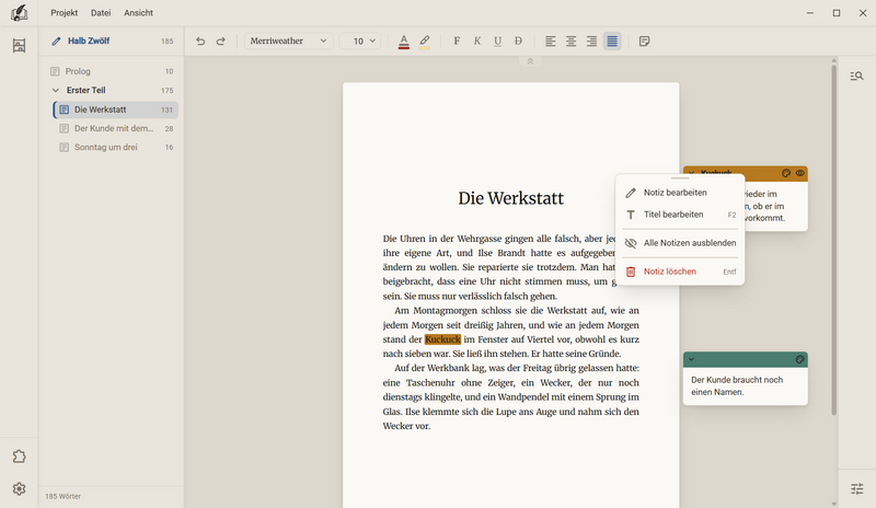 Das Menü einer Notiz mit Notiz bearbeiten, Titel bearbeiten, Alle Notizen ausblenden und Notiz löschen