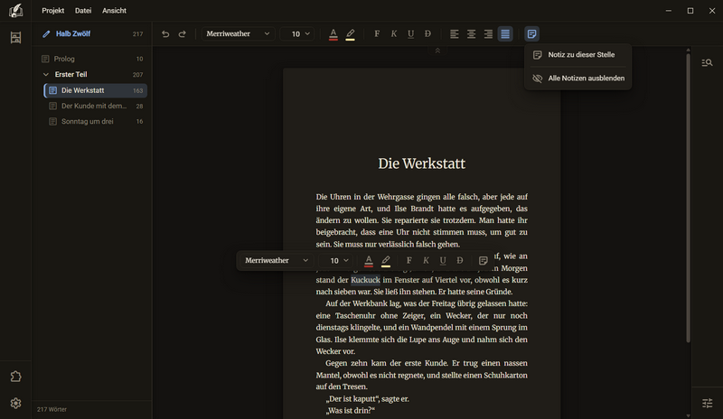 Der Werkzeugkasten über dem markierten Wort Kuckuck. Darüber die Liste des Werkzeugs Notizen mit den Zeilen Notiz zu dieser Stelle und Alle Notizen ausblenden, dunkles Farbschema