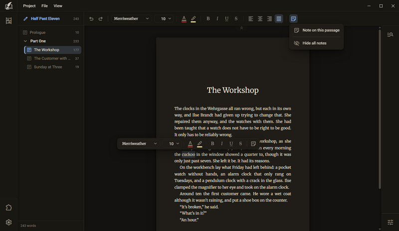 The toolbox over the marked word cuckoo. Above it the list of the tool Notes with the rows Note on this passage and Hide all notes, dark mode